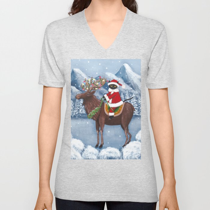 Christmas Cat and Moose V Neck T Shirt