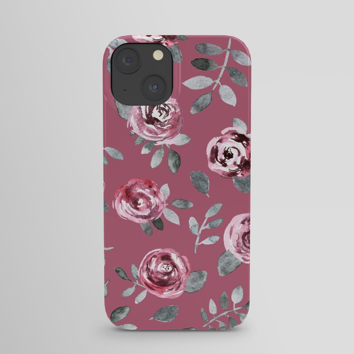 Modern hand painted pink gray watercolor roses iPhone Case