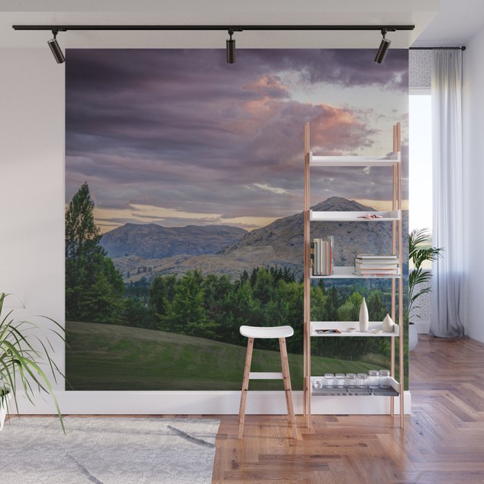 New Zealand Photography - Forest And Mountains Under The Colorful Sky  Wall Mural