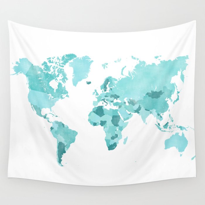 Distressed world map in aquamarine and teal Wall Tapestry by ...