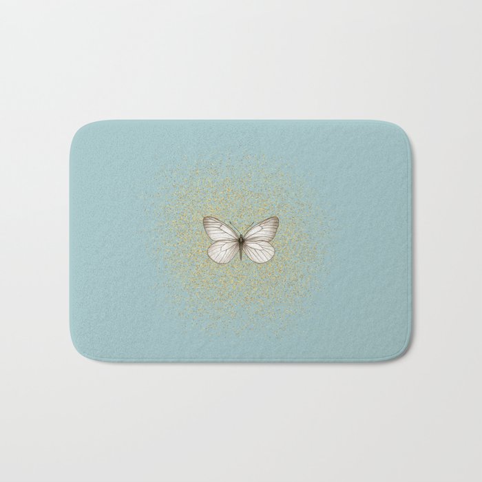 Hand-Drawn Butterfly and Golden Fairy Dust on Sage Green Blue Bath Mat