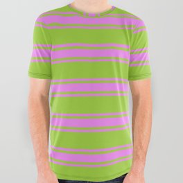 [ Thumbnail: Green & Violet Colored Lined/Striped Pattern All Over Graphic Tee ]