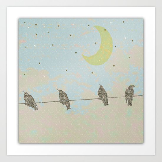 Goodnight Moon Birds on a line Art Print