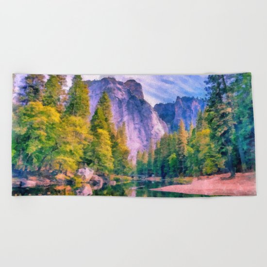 Mountain landscape with forest and river Beach Towel