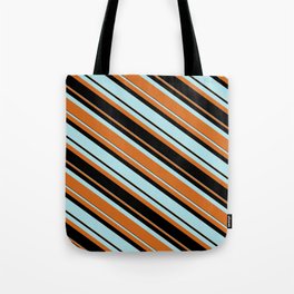 [ Thumbnail: Powder Blue, Chocolate & Black Colored Lined Pattern Tote Bag ]