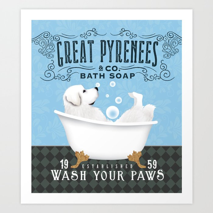 Great Pyrenees Bath clawfoot tub bubble bath soap  Art Print
