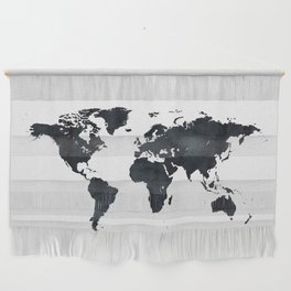 World Map in Black and White Ink on Paper Wall Hanging