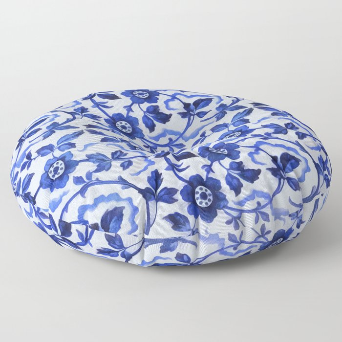 Azulejos blue floral pattern Floor Pillow