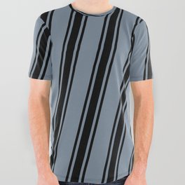 [ Thumbnail: Light Slate Gray and Black Colored Striped/Lined Pattern All Over Graphic Tee ]