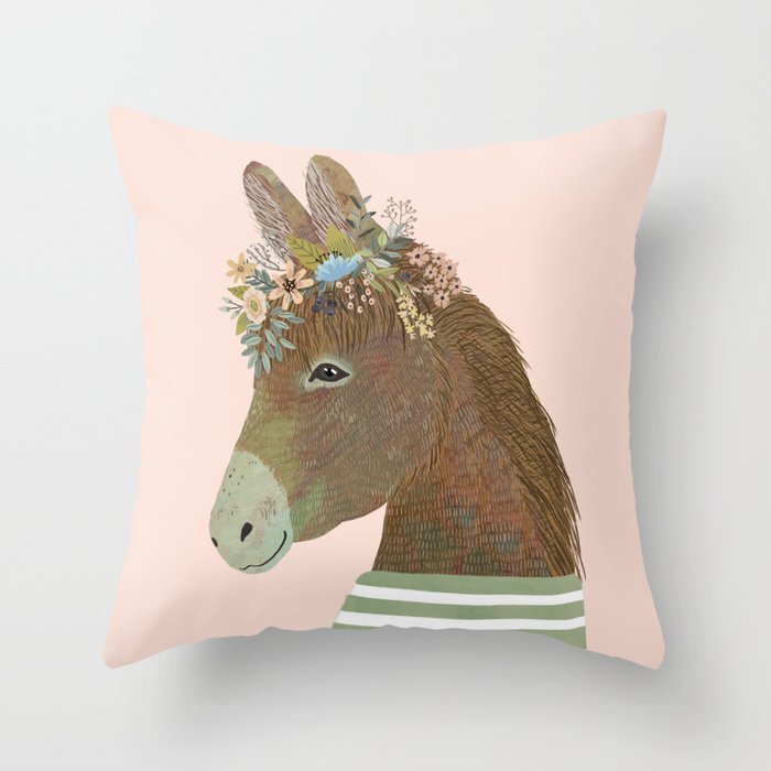 Donkey with flower crown, Kids room decor Throw Pillow