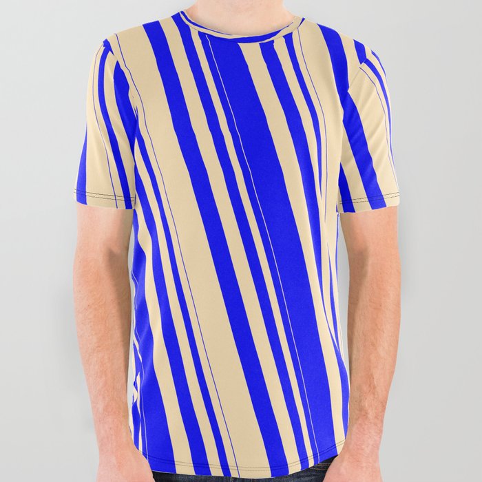 Blue & Beige Colored Striped Pattern All Over Graphic Tee