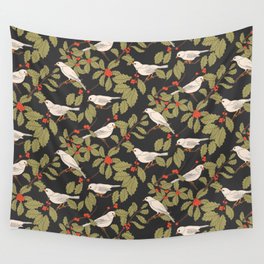 Winter Birds and Holly on Charcoal Wall Tapestry