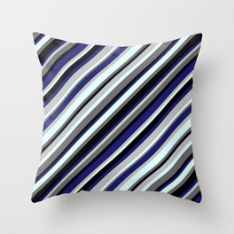 [ Thumbnail: Vibrant Grey, Light Cyan, Dim Grey, Black, and Midnight Blue Colored Striped/Lined Pattern Throw Pillow ]