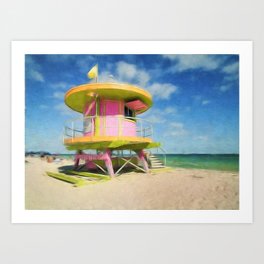 Miami Beach - South Beach lifeguard house art deco pink beach pavilion portrait painting modern art Art Print
