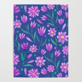 Watercolor florals purple on blue Poster