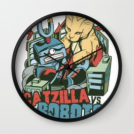 Catzilla vs The Robots Funny Cat Wall Clock | Funnycat, Catzillacat, Japanese, Vintage, Monster, Animal, Godzilla, Graphicdesign, Cat, Kitty 