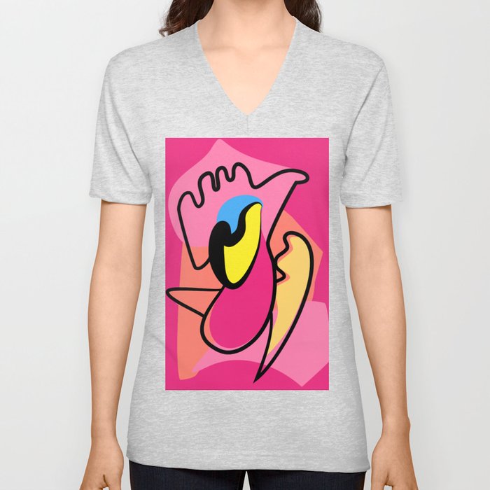 Abstract Pink Parrot - Matisse Inspired V Neck T Shirt