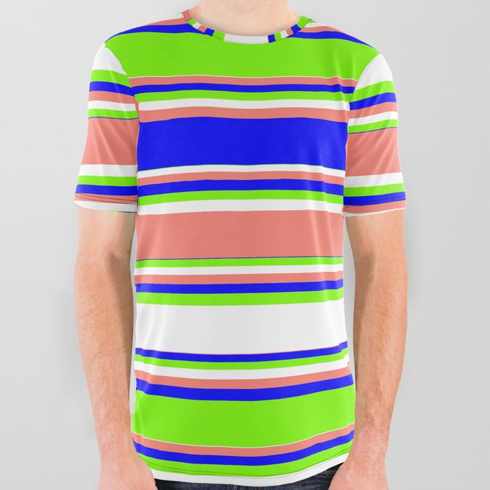 Blue, Green, White, and Salmon Colored Lined Pattern All Over Graphic Tee