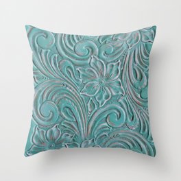 Turquoise western tooled leather Throw Pillow