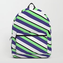 [ Thumbnail: Green, Dark Slate Blue, White & Black Colored Striped Pattern Backpack ]