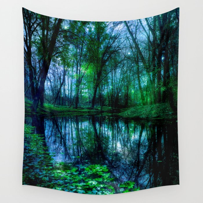 Enchanted Forest Lake Green Blue Wall Tapestry