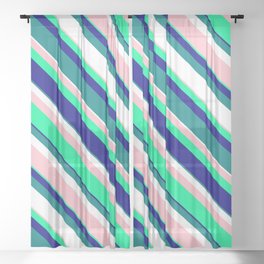 [ Thumbnail: Vibrant Pink, Green, Blue, Teal, and White Colored Striped/Lined Pattern Sheer Curtain ]