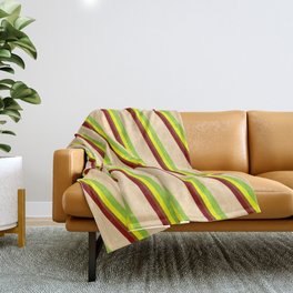 [ Thumbnail: Vibrant Maroon, Tan, Green, Yellow & Brown Colored Lined/Striped Pattern Throw Blanket ]