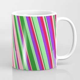 [ Thumbnail: Eye-catching Light Pink, Crimson, Purple, Light Green, and Forest Green Colored Stripes Pattern Coffee Mug ]