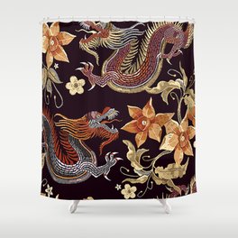 Classic embroidery Asian dragon and beautiful vintage floral seamless pattern Shower Curtain