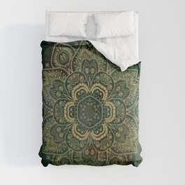 Golden Flower Mandala on Dark Green Comforter