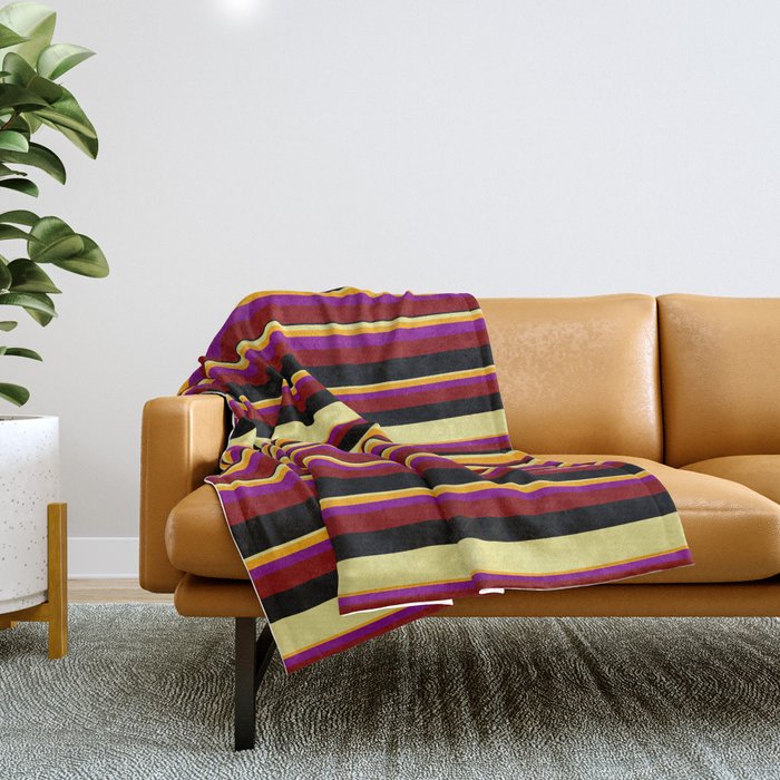 Tan, Orange, Purple, Maroon, and Black Colored Striped/Lined Pattern Throw Blanket