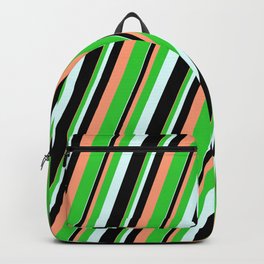 [ Thumbnail: Light Salmon, Lime Green, Light Cyan, and Black Colored Lines/Stripes Pattern Backpack ]