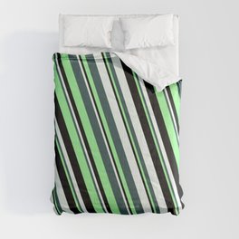[ Thumbnail: Dark Slate Gray, Green, Black & Mint Cream Colored Stripes/Lines Pattern Comforter ]