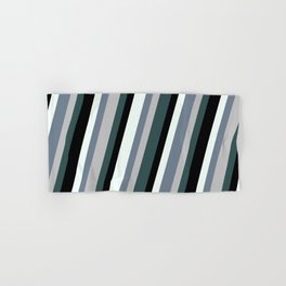 [ Thumbnail: Mint Cream, Slate Gray, Grey, Dark Slate Gray & Black Colored Pattern of Stripes Hand & Bath Towel ]