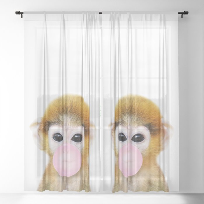 Baby Monkey Blowing Bubble Gum by Zouzounio Art Sheer Curtain