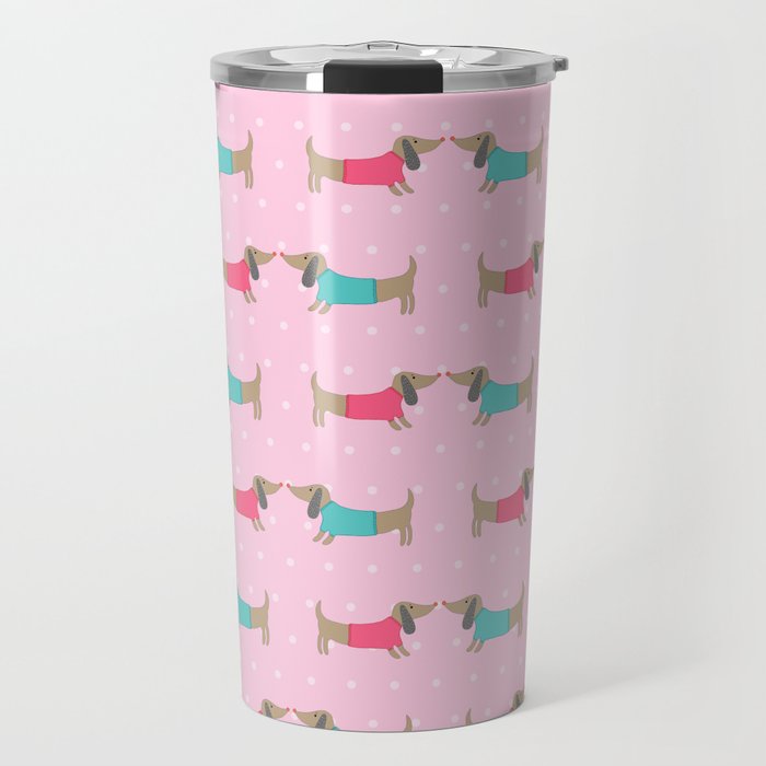 Cute dog lovers with dots in pink background Travel Mug