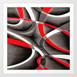 Eighties Red White and Grey Geometrical Curves On Black Art Print