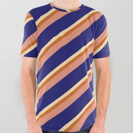 [ Thumbnail: Beige, Chocolate, Dark Salmon, and Midnight Blue Colored Pattern of Stripes All Over Graphic Tee ]