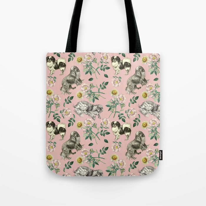 Cavalier King Charles Spaniels and  Japanese Spaniels with Dog Rose - Pink pattern  Tote Bag