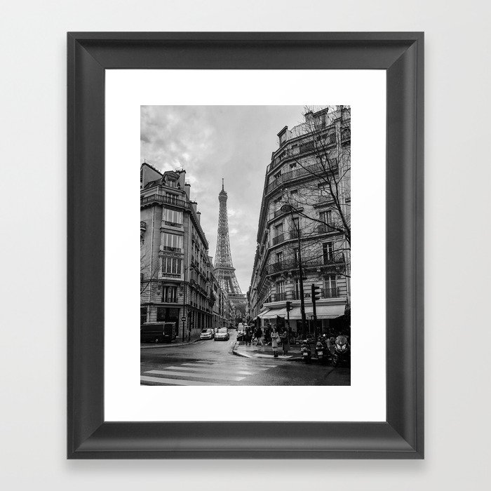 Paris streets and the Eiffel Tower Black and white Framed Art Print