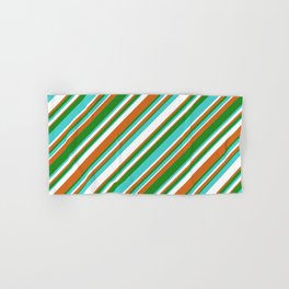 [ Thumbnail: Chocolate, Forest Green, Turquoise, and White Colored Stripes/Lines Pattern Hand & Bath Towel ]