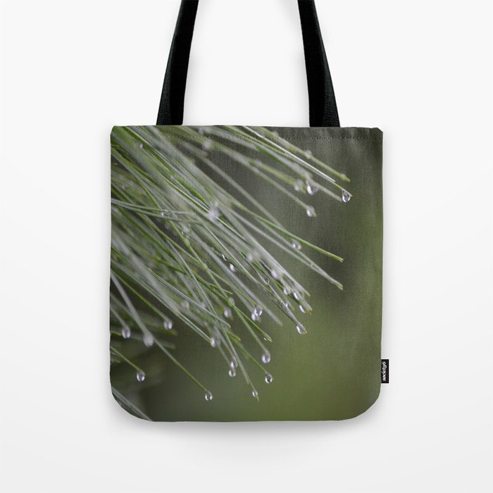 Raindrops on Pine Tree Macro Nature Photography - Anticipation Tote Bag