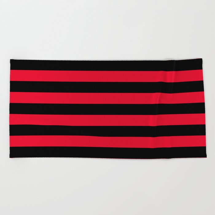 Black and Apple Red Medium Stripes Beach Towel by Abstract Color