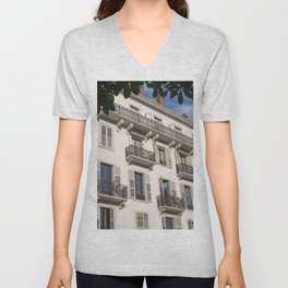 Paris balcony in the summer art print - blue sky french street and travel photography V Neck T Shirt