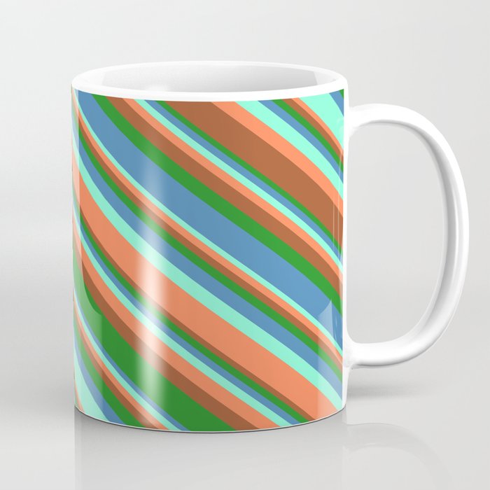 Aquamarine, Coral, Sienna, Forest Green, and Blue Colored Lined/Striped Pattern Coffee Mug