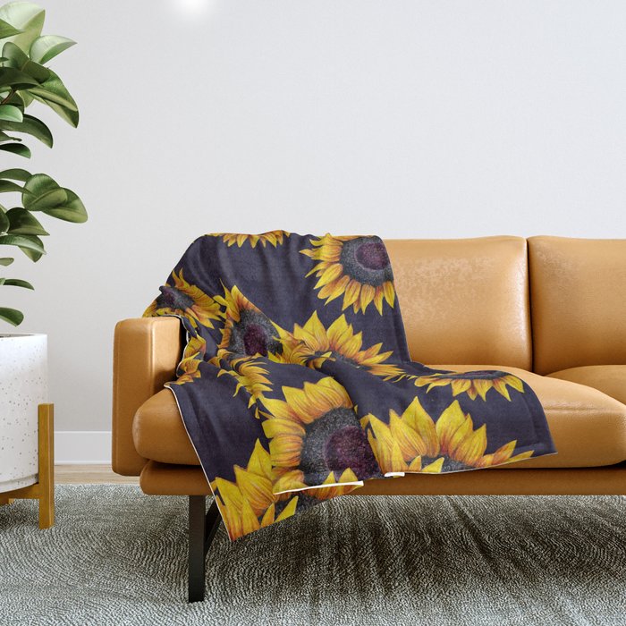 Sunflowers yellow navy blue elegant colorful pattern Throw Blanket