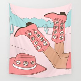 Cute Desert Cowgirl Pink Cowboy Boots Daisy Wall Tapestry