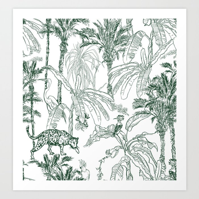 Seamless Pattern Vintage Lithograph Sketch Drawing Wildlife Leopard Animal,  Hoopoe, Cockatoo Parrots and Crane Birds in Banana Palm Trees Jungle  Rainforest Etching Hand Drawn Textile Design Art Print by Décor Life