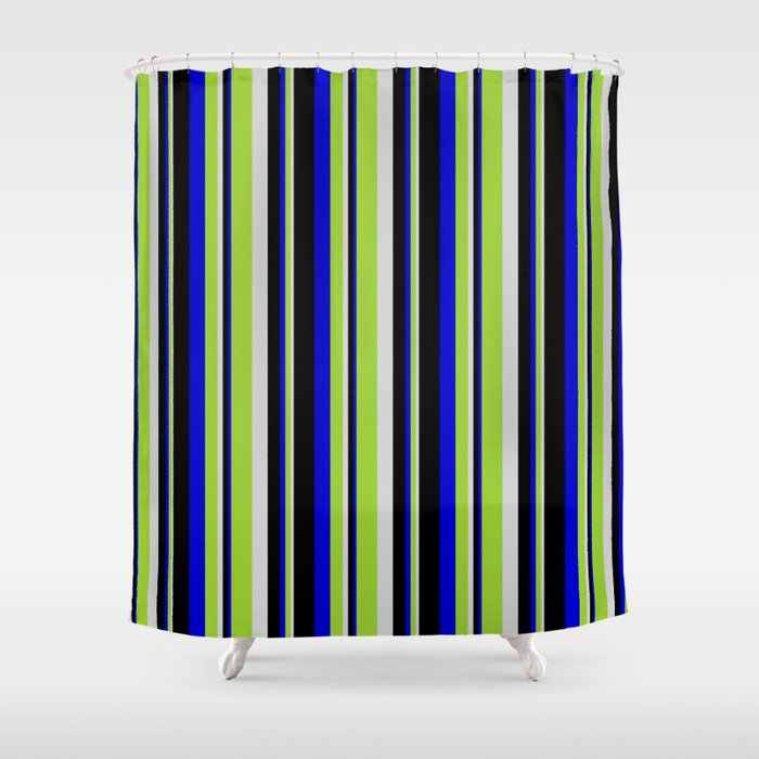Light Grey, Green, Blue & Black Colored Lined Pattern Shower Curtain
