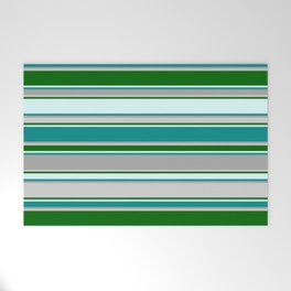 [ Thumbnail: Vibrant Light Cyan, Dark Cyan, Dark Grey, Light Grey, and Dark Green Colored Stripes Pattern Welcome Mat ]